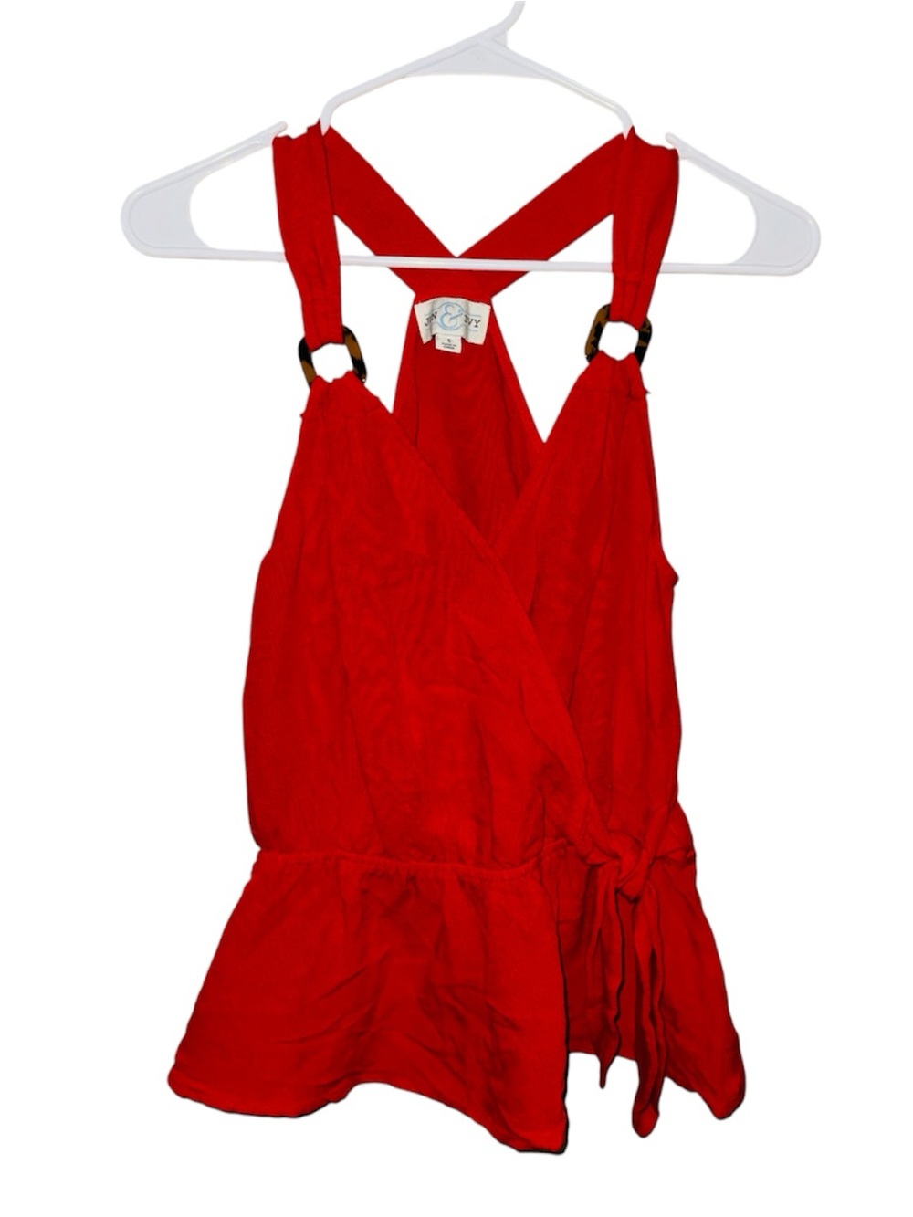 Jun & Ivy Red Sleeveless Wrap Halter Peplum Blouse